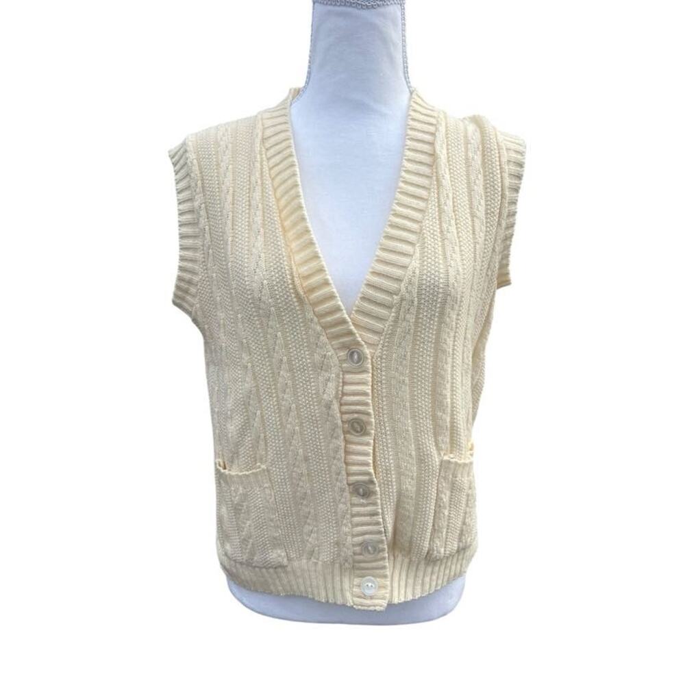 Women's Vintage Handknit Vest Wool Cream Lightweight Size LARGE